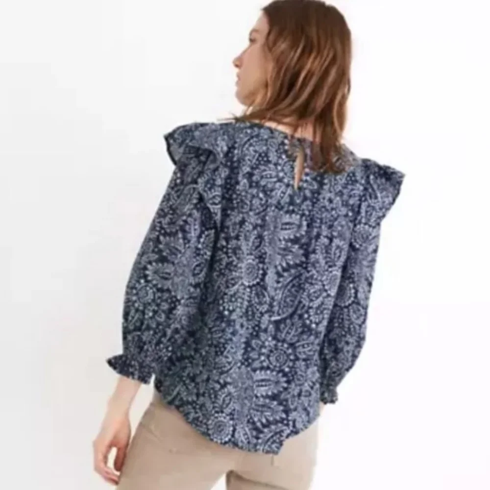 Madewell‎ Blue Paisley Garden Print Ruffle Shoulder Top